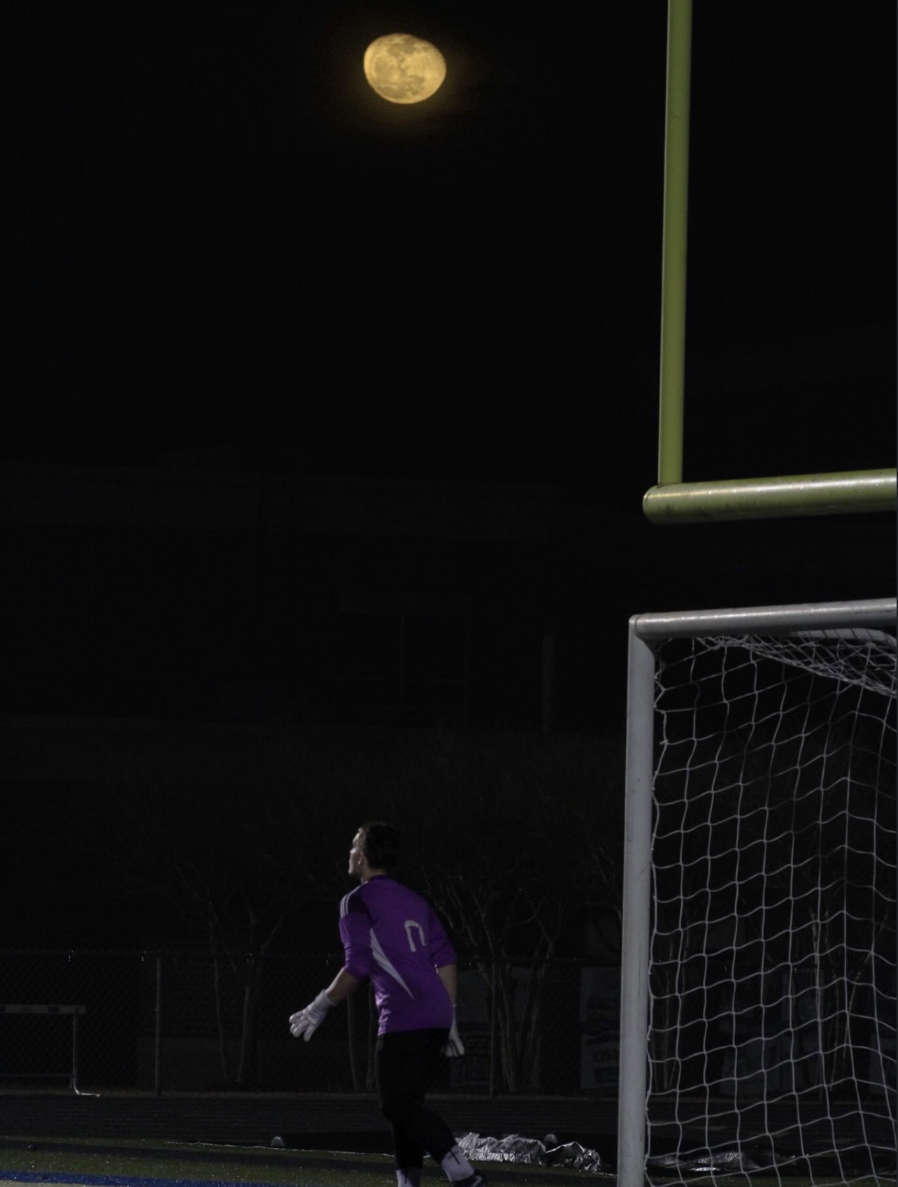 Goalkeeper standing beneath the moon beside the goal