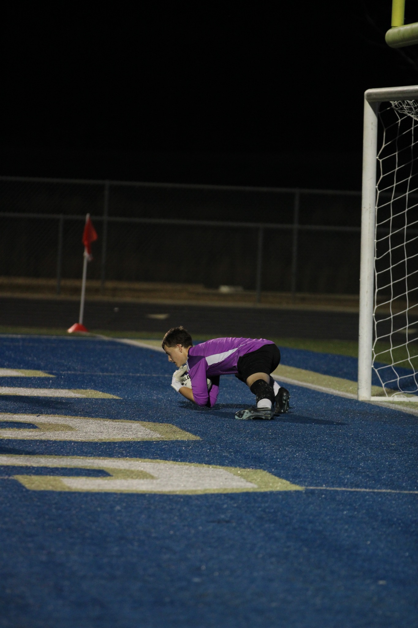 Goalkeeper securing the ball near the goal line
