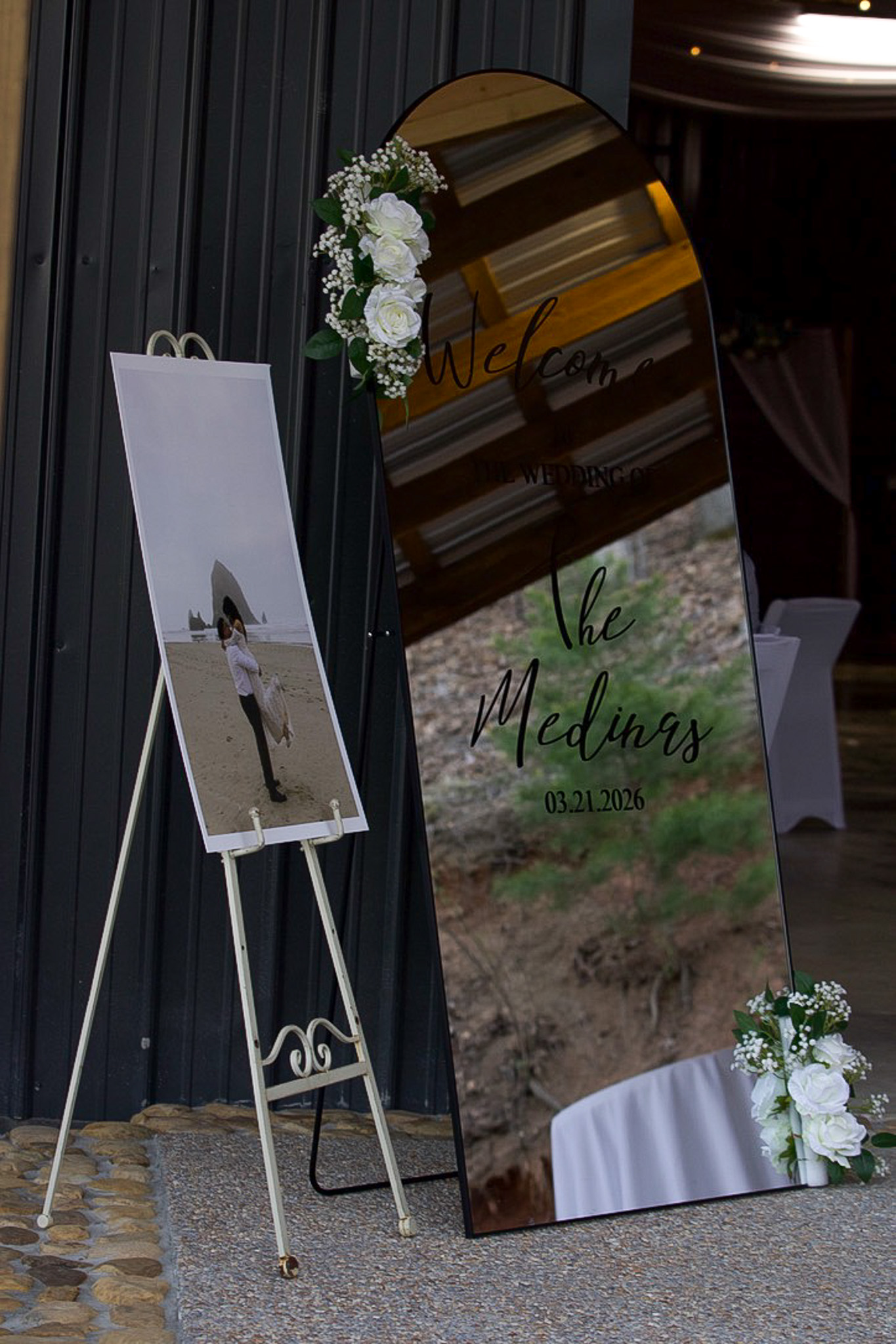 Wedding decor reflected in a full-length mirror